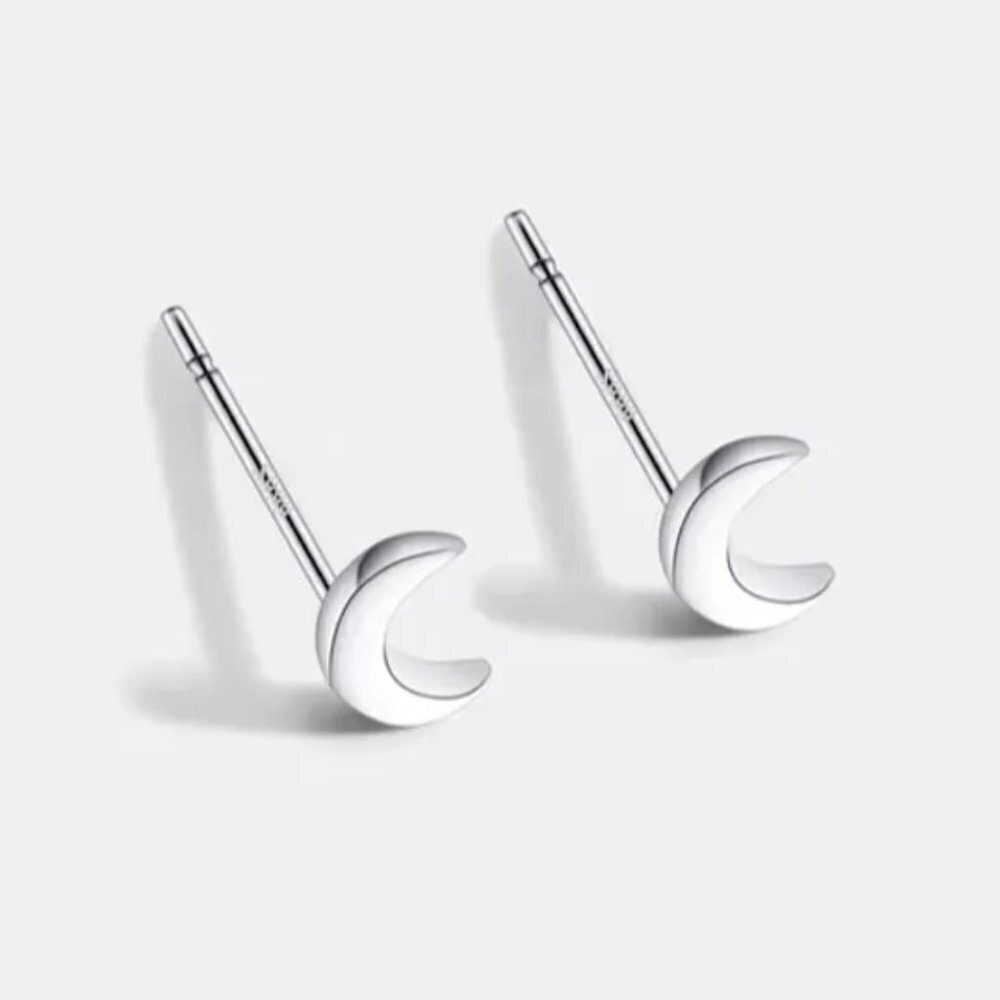 Dainty Moon Stud Earrings Fine Silver NEW